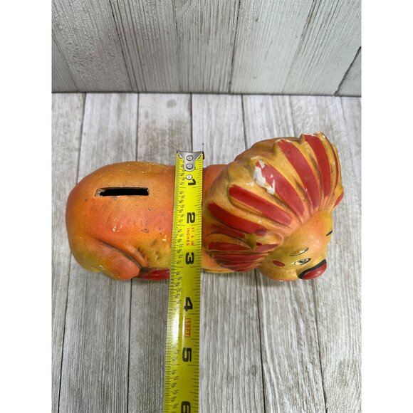 Vintage MCM Chalkware/Paper Mache Lion Coin Piggy Bank Painted Red Orange 6.5" L - Picture 7 of 8